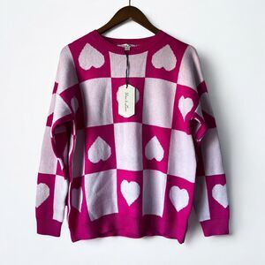 NEW Vine and Love Hot Pink Magenta Checkered Heart Crewneck Sweater Size Small
